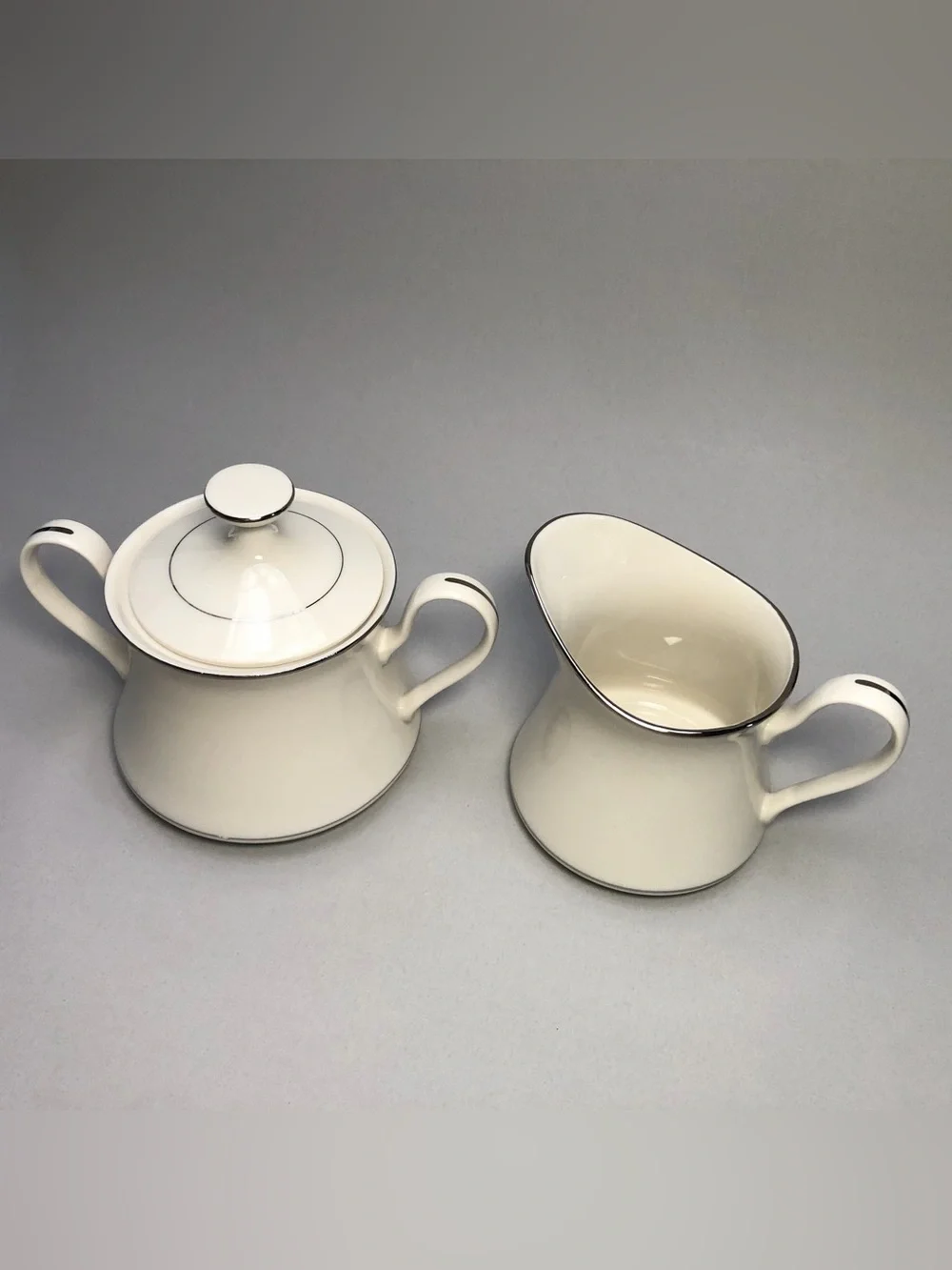 Fashion Manor Fine China Platinum Herald Sugar Bowl w/lid & Creamer Pitcher Set